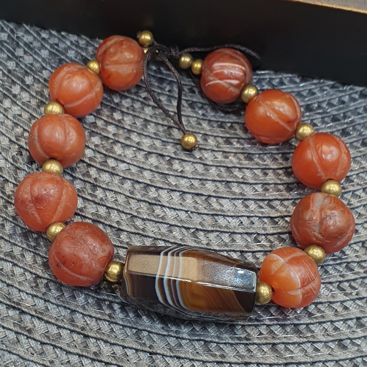Antique Carved Melon Agate Bead Bracelet, Hand Carved Fluted Carnelian, Antique Silk Road Trade Beads, Rare Archeological Focal Gift