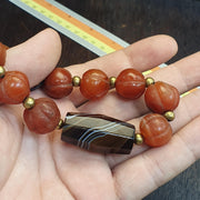 Antique Carved Melon Agate Bead Bracelet, Hand Carved Fluted Carnelian, Antique Silk Road Trade Beads, Rare Archeological Focal .