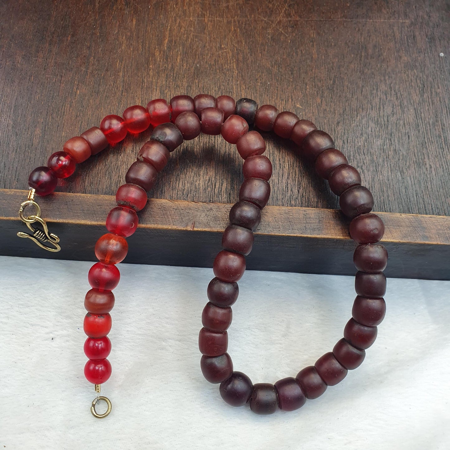 Rare Antique African Trade Beads Necklace Oxblood Cherry Red Glass Brass S-Clasp