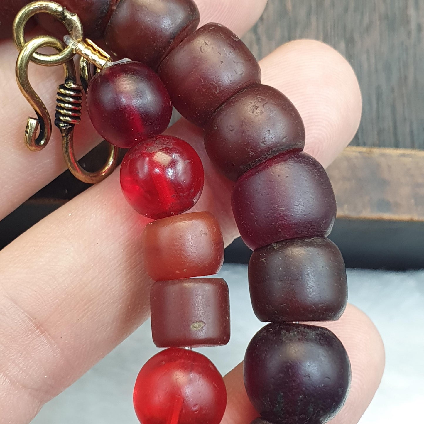 Rare Antique African Trade Beads Necklace Oxblood Cherry Red Glass Brass S-Clasp