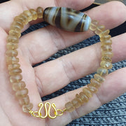 Himalayan Quartz with Striped Banded Agate Bead Bracelet, Tibetan Amulet, Frosted Quartz Beaded  Spiritual Jewelry, Sacred Protection .