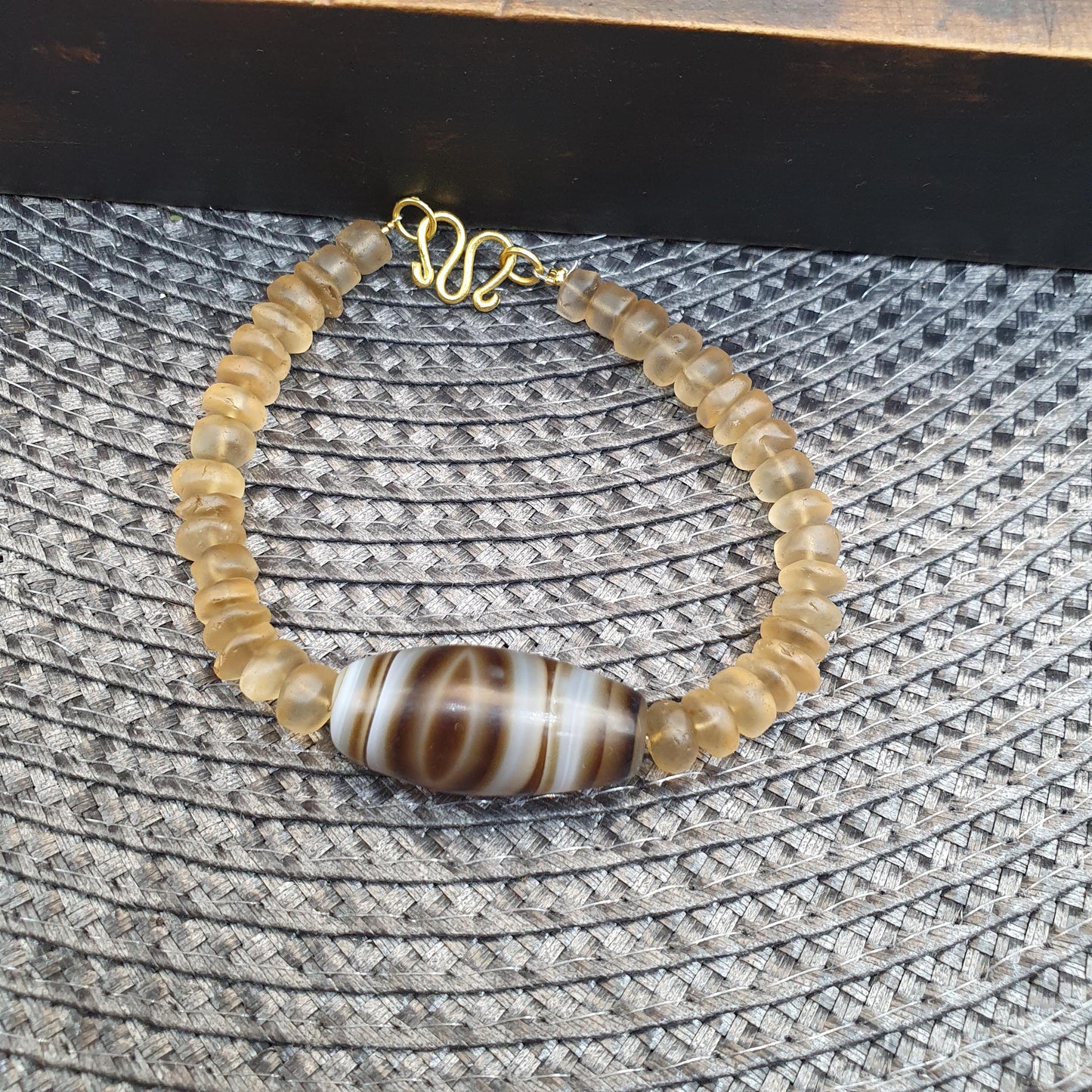 Himalayan Quartz with Striped Banded Agate Bead Bracelet, Tibetan Amulet, Frosted Quartz Beaded  Spiritual Jewelry, Sacred Protection Gift
