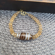 Himalayan Quartz with Striped Banded Agate Bead Bracelet, Tibetan Amulet, Frosted Quartz Beaded  Spiritual Jewelry, Sacred Protection .