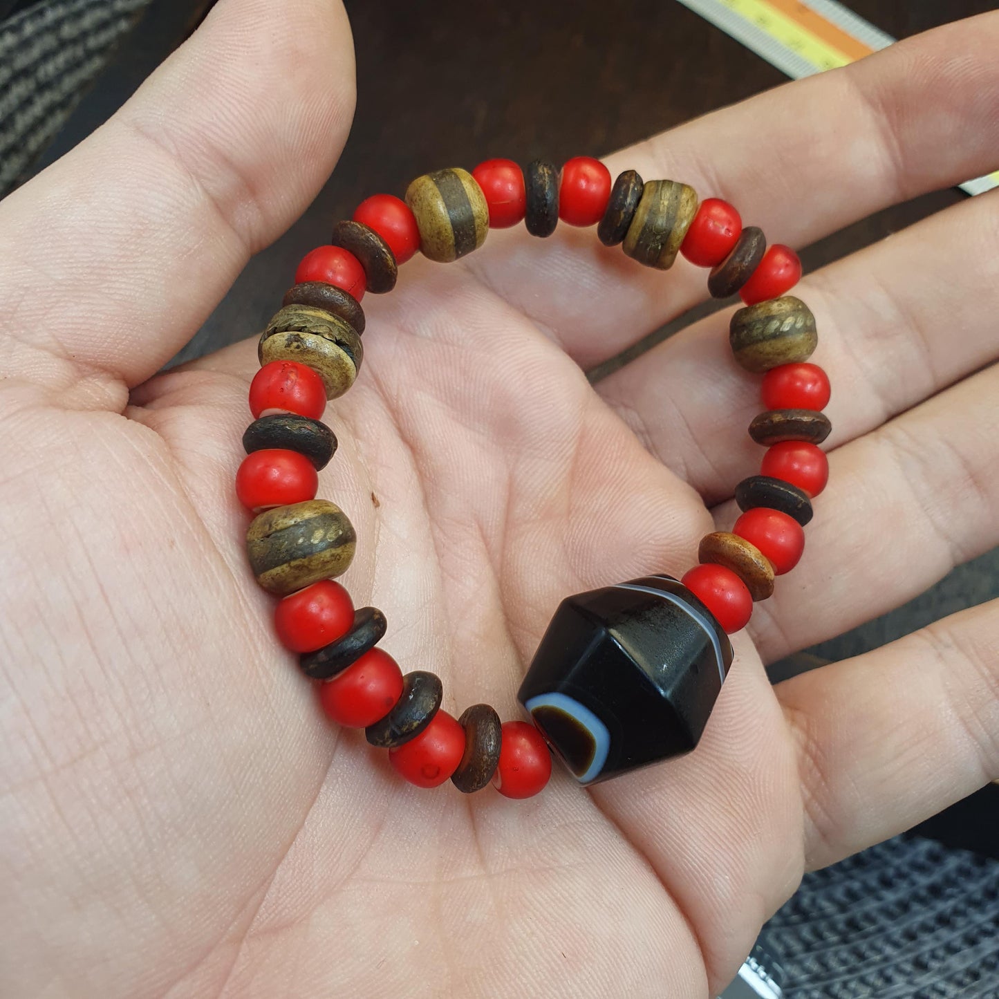 Antique old yemeni agate natural rare pattern banded agate bead with Venetian White heart and Yak Bone Beads Bracelet