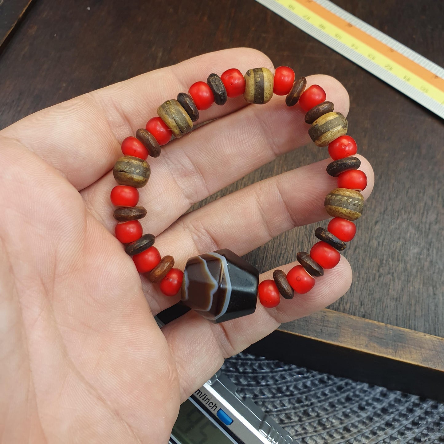 Antique old yemeni agate natural rare pattern banded agate bead with Venetian White heart and Yak Bone Beads Bracelet