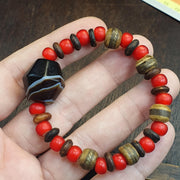 Antique old yemeni agate natural rare pattern banded agate bead with Venetian White heart and Yak Bone Beads Bracelet