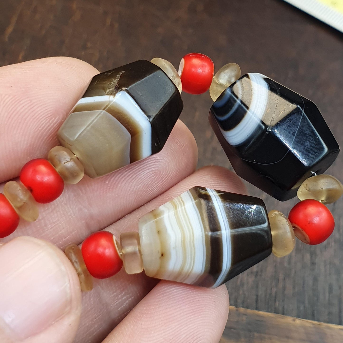 Antique old yemeni agate natural rare pattern banded agate bead with Venetian White heart and Himalayan Quartz Beads Bracelet