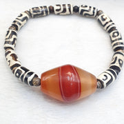 Himalaya Goat Eye, Vintage Dzi Bracelet, Multi-Color Agate Focal |  Beads | Elastic Fit
