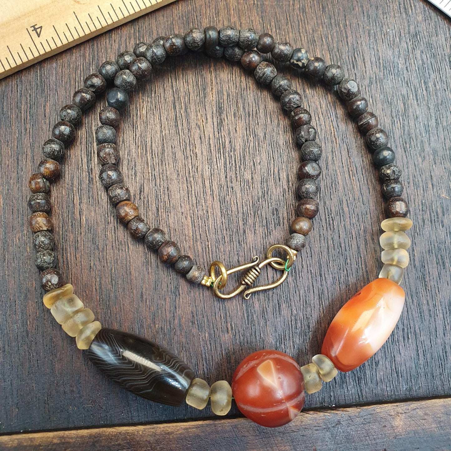 Antique African Agate Necklace, Himalayan Quartz and Bone Beads Necklace