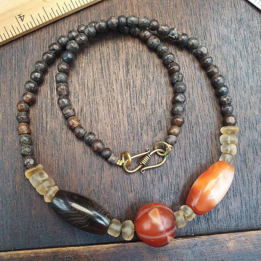 Antique African Agate Necklace, Himalayan Quartz and Bone Beads Necklace