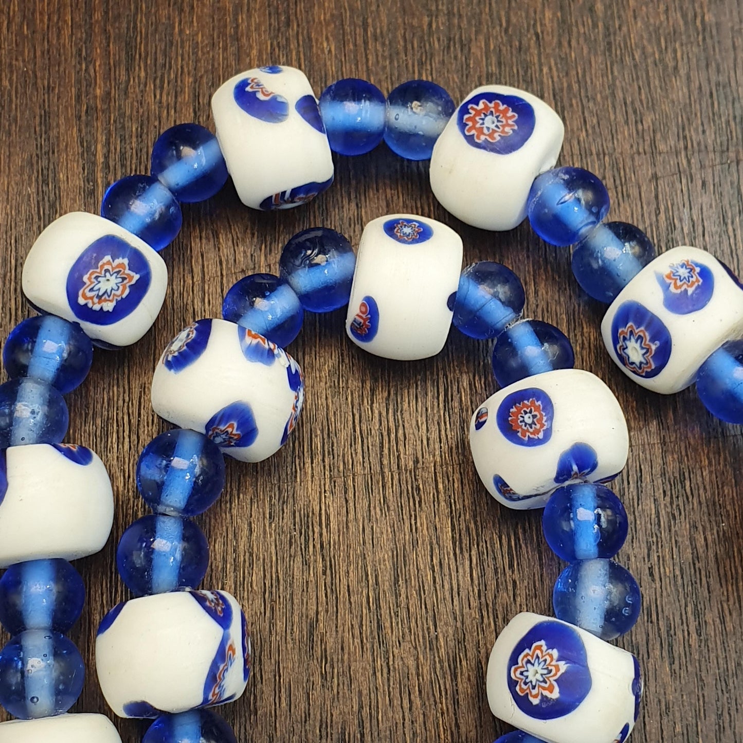 Vintage venetian style white and Blue Glass beads beaded necklace