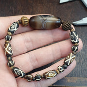 Old Himalayan Tibetan Banded Agate Bracelet Carved Bone Eye Beads Amulet