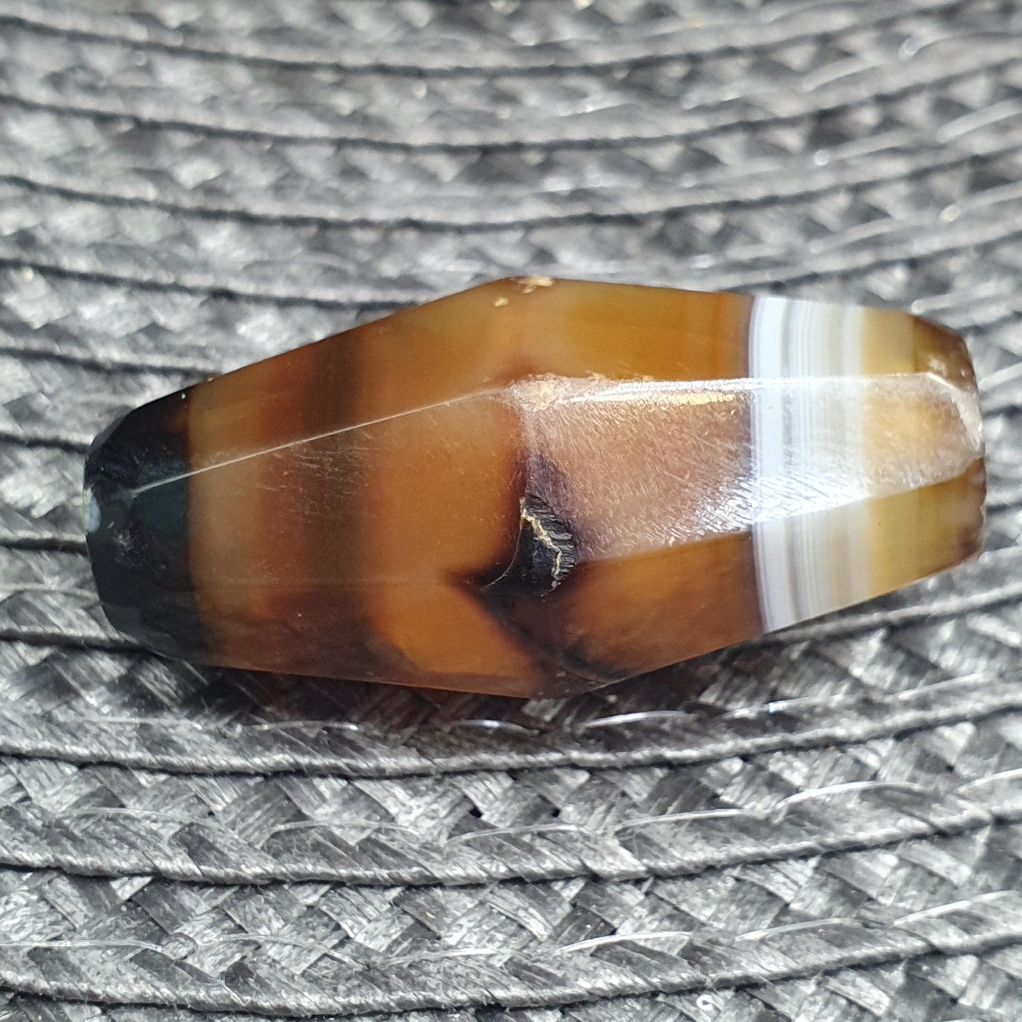 Rare 36.8mm Tabular Hexagonal Banded Agate Chung Dzi Bead, Antique Yemeni Stone, Silk Banded Patterned Tribal Bead