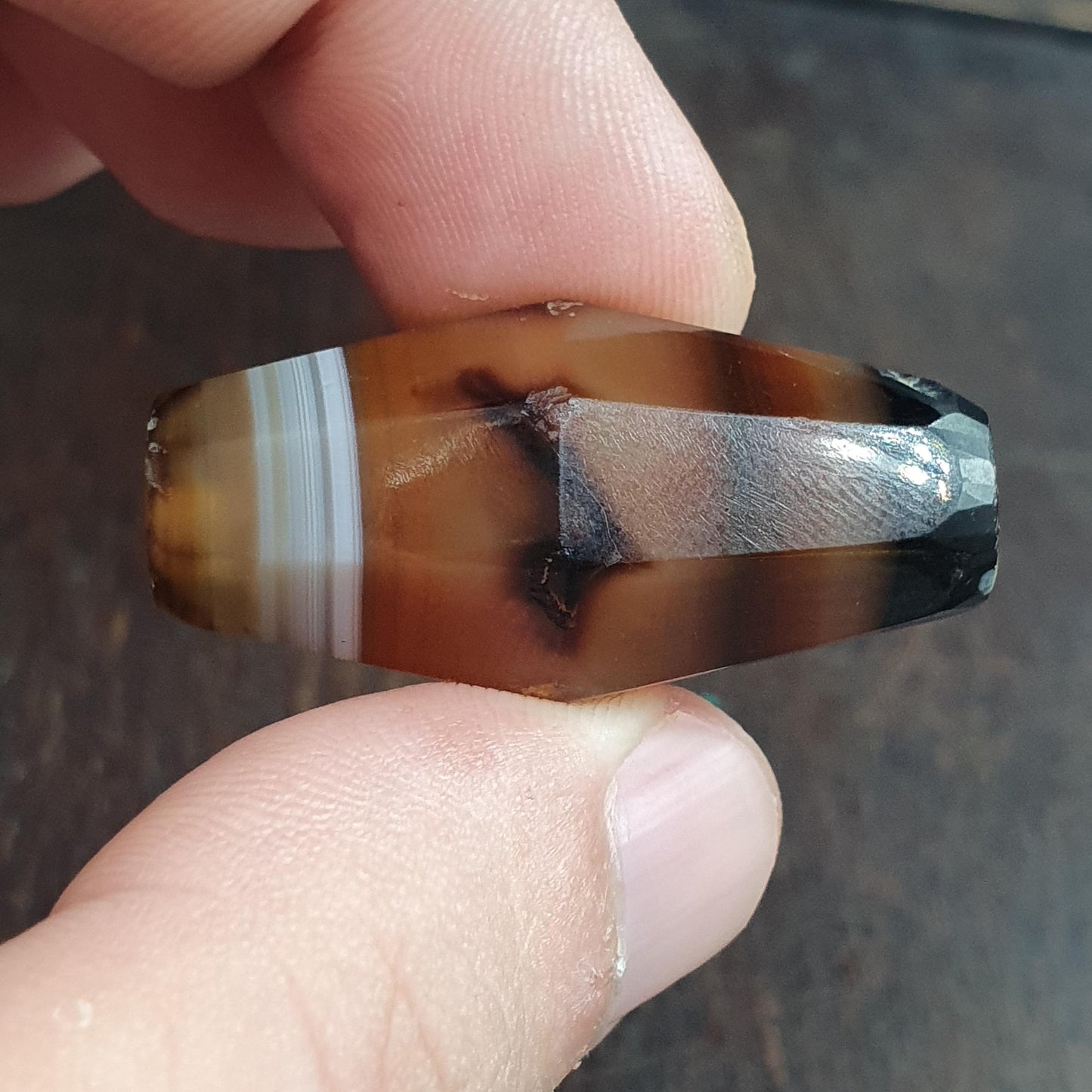 Rare 36.8mm Tabular Hexagonal Banded Agate Chung Dzi Bead, Antique Yemeni Stone, Silk Banded Patterned Tribal Bead
