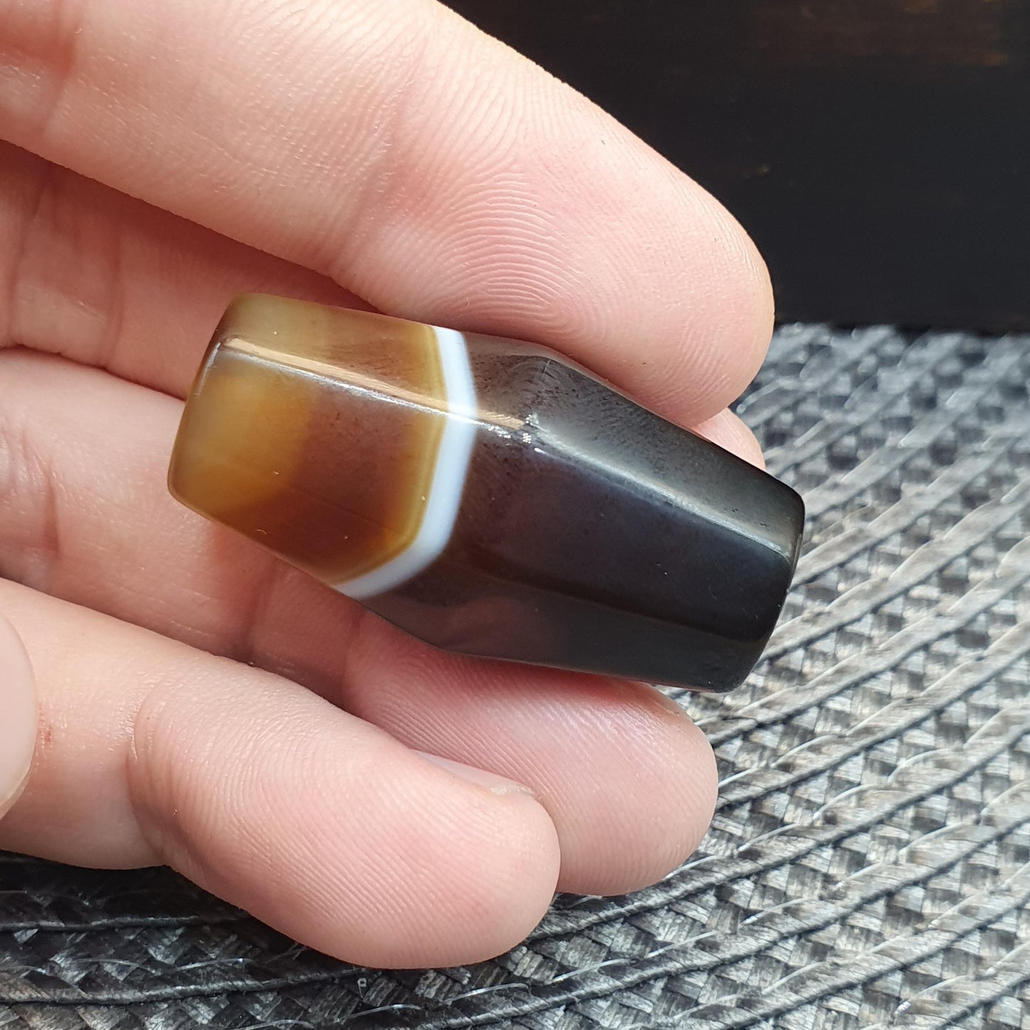 Rare 37.2mm Tabular Hexagonal Banded Agate Chung Dzi Bead, Antique African Yemeni Stone, Eye Catching Silk Banded Tribal Bead