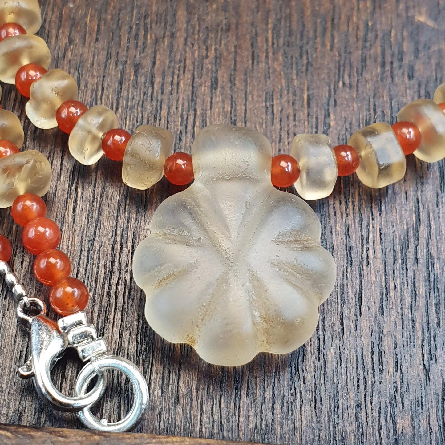 Himalayan Tibetan Quartz Necklace Carved Pendant with Carnelian Spacer Beads, Frosted Clear Quartz Spiritual Jewelry, Sacred Protection Gift