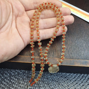 Himalayan Tibetan Quartz Necklace Carved Pendant with Carnelian Spacer Beads, Frosted Clear Quartz Spiritual Jewelry, Sacred Protection .