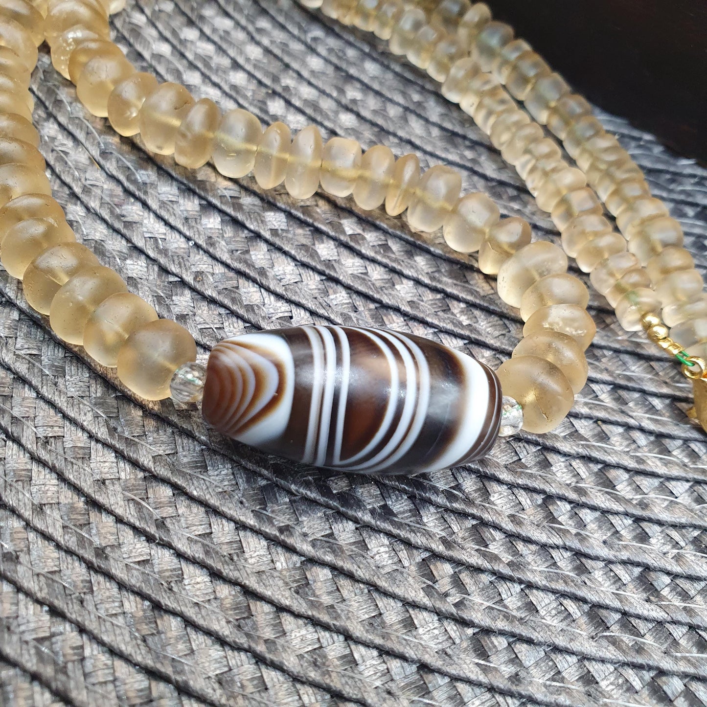 Himalayan Quartz Necklace with Striped Banded Agate Bead, Tibetan Amulet, Frosted Quartz Beaded  Spiritual Jewelry, Sacred Protection Gift