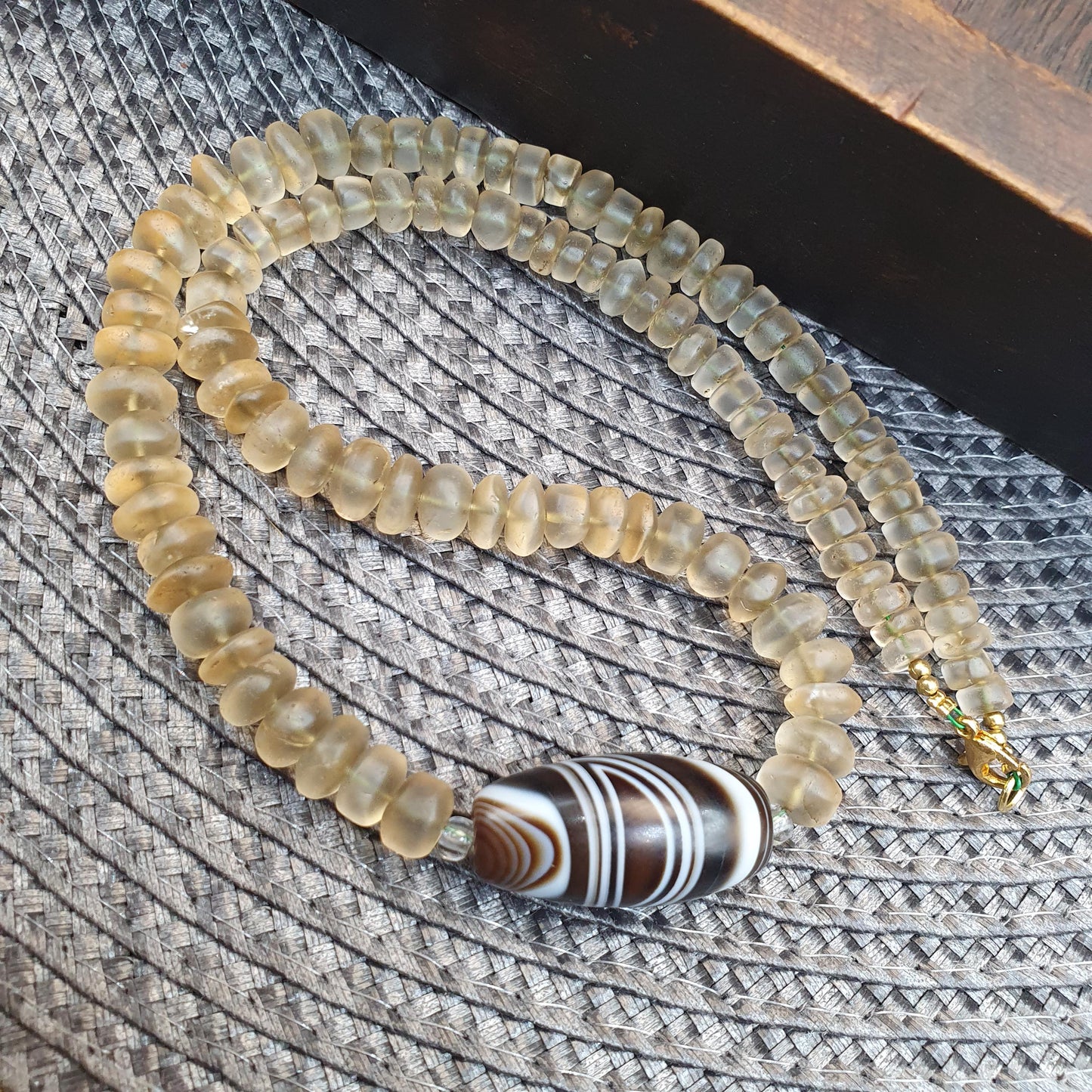 Himalayan Quartz Necklace with Striped Banded Agate Bead, Tibetan Amulet, Frosted Quartz Beaded  Spiritual Jewelry, Sacred Protection Gift