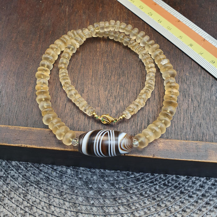 Himalayan Quartz Necklace with Striped Banded Agate Bead, Tibetan Amulet, Frosted Quartz Beaded  Spiritual Jewelry, Sacred Protection Gift