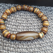 Himalayan Banded Eye Agate Bracelet, Carved Tibetan yak Bone Beads bracelet