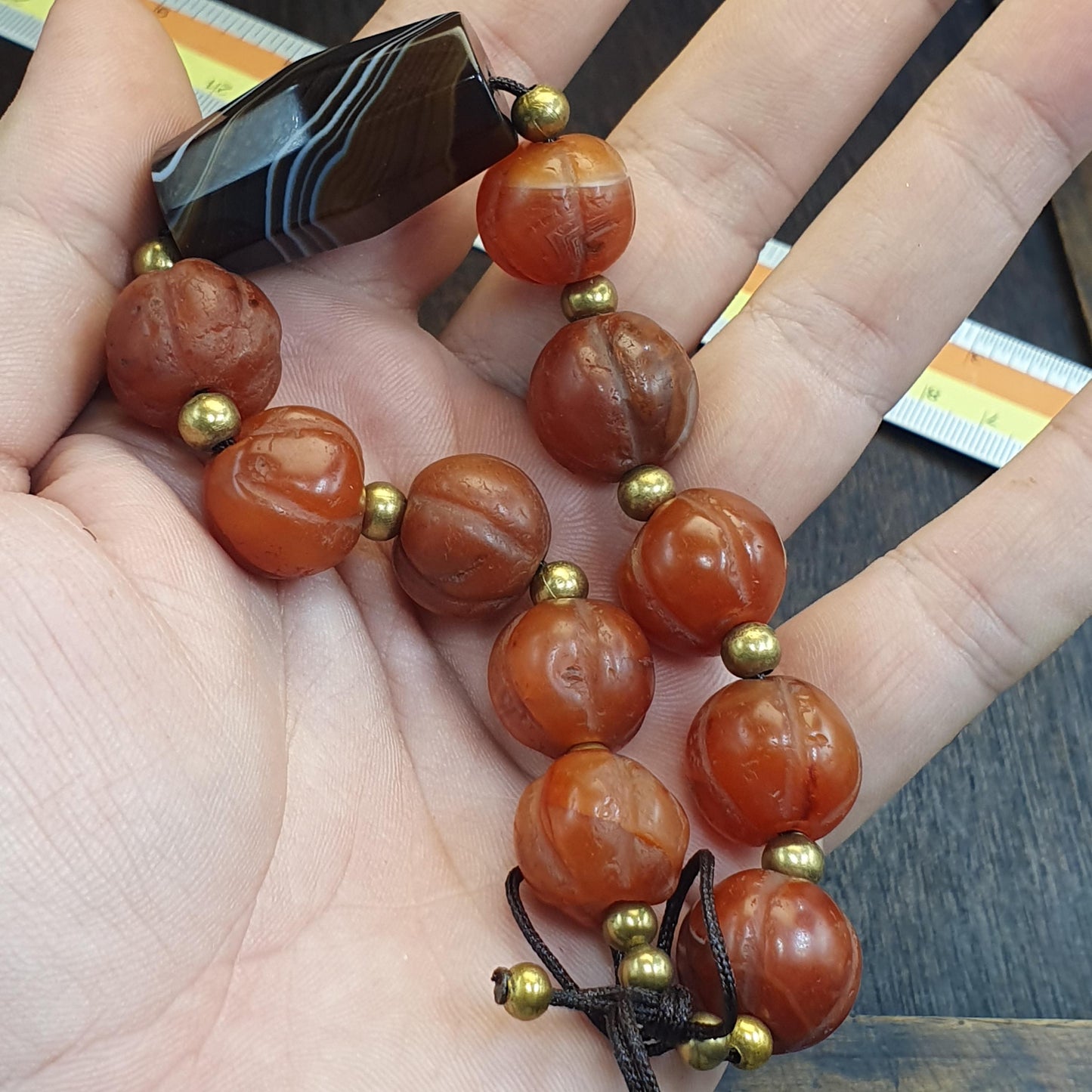 Antique Carved Melon Agate Bead Bracelet, Hand Carved Fluted Carnelian, Antique Silk Road Trade Beads, Rare Archeological Focal Gift