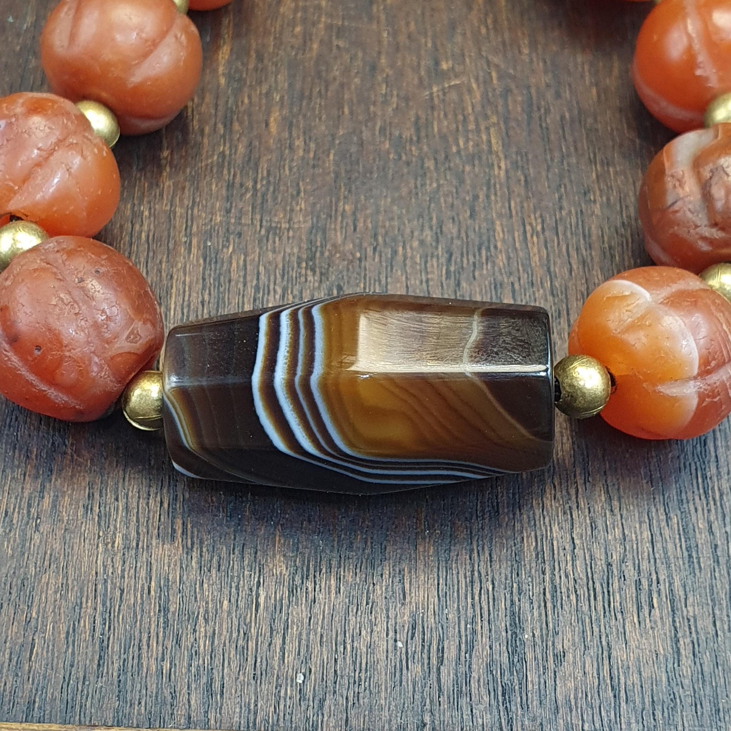 Antique Carved Melon Agate Bead Bracelet, Hand Carved Fluted Carnelian, Antique Silk Road Trade Beads, Rare Archeological Focal Gift