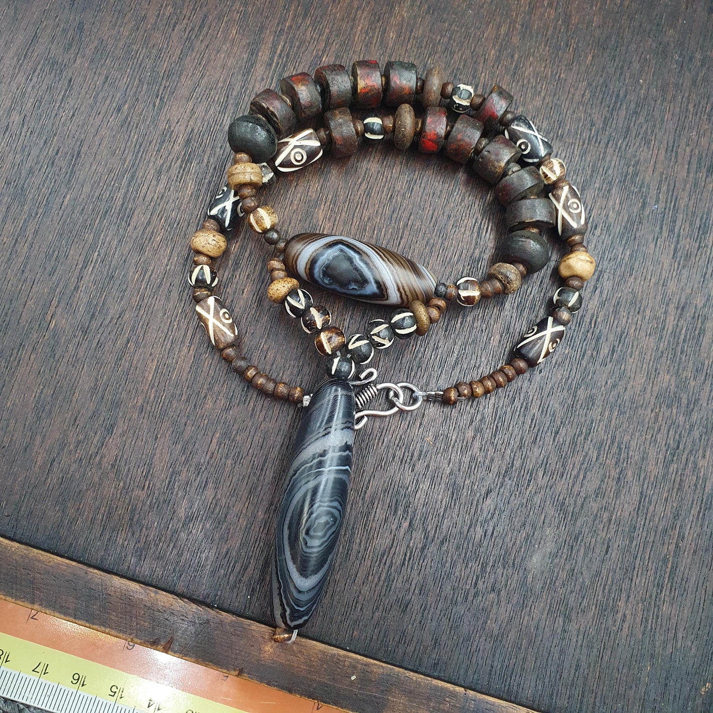 Old himalayan tibetan agate beads unique pattern Yak Bone beads necklace Antique Style