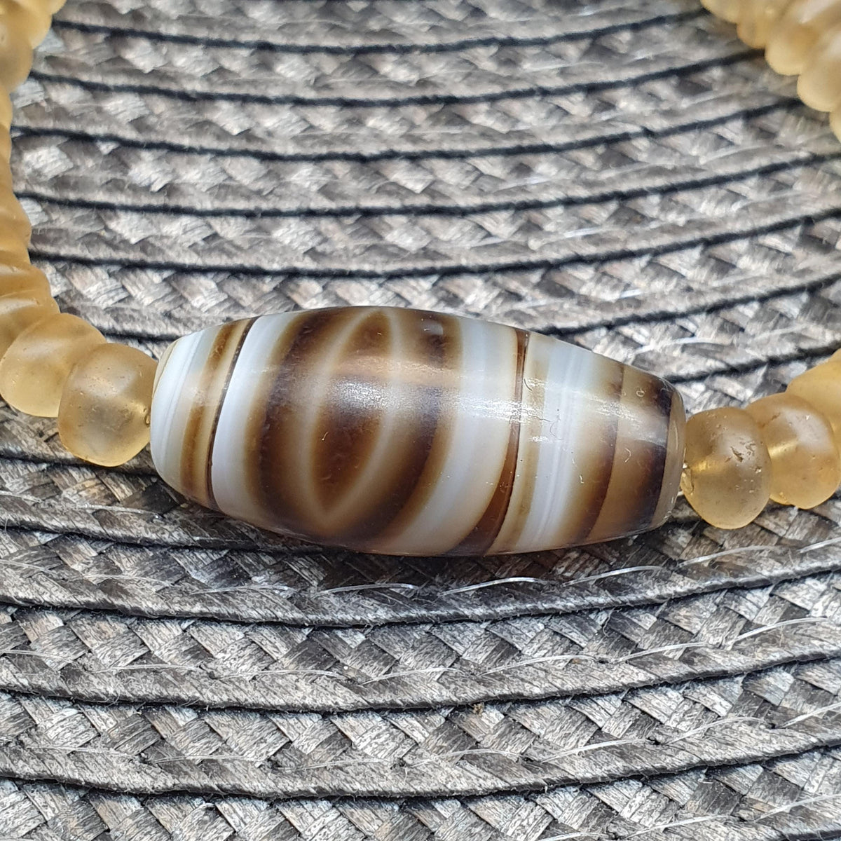 Himalayan Quartz with Striped Banded Agate Bead Bracelet, Tibetan Amulet, Frosted Quartz Beaded  Spiritual Jewelry, Sacred Protection Gift