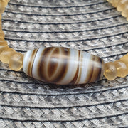 Himalayan Quartz with Striped Banded Agate Bead Bracelet, Tibetan Amulet, Frosted Quartz Beaded  Spiritual Jewelry, Sacred Protection .