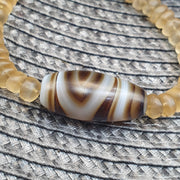 Himalayan Quartz with Striped Banded Agate Bead Bracelet, Tibetan Amulet, Frosted Quartz Beaded  Spiritual Jewelry, Sacred Protection .