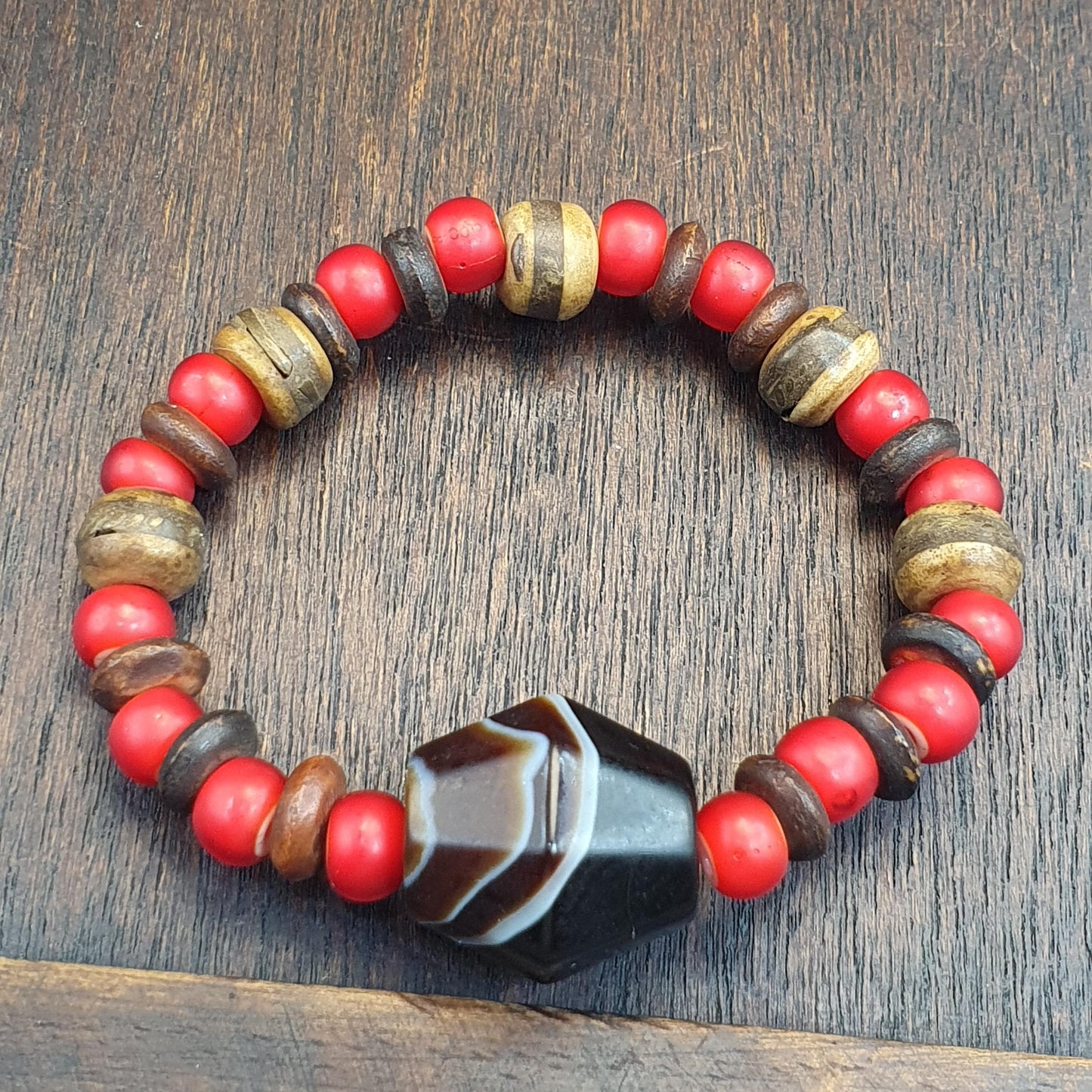Antique old yemeni agate natural rare pattern banded agate bead with Venetian White heart and Yak Bone Beads Bracelet
