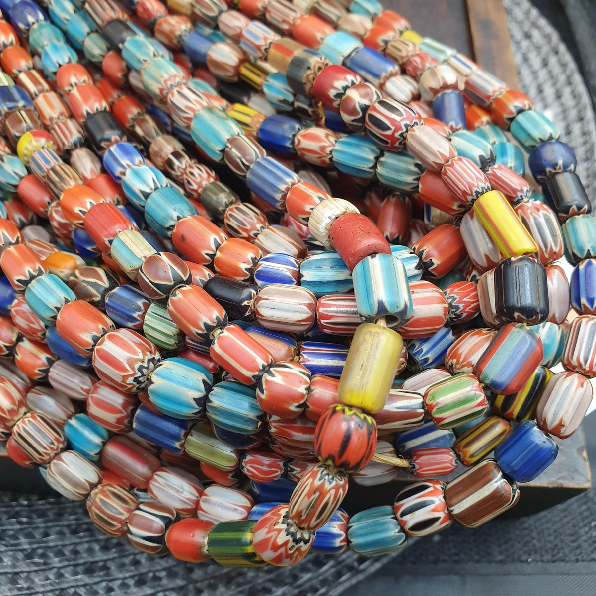 Vintage Chevron Trade Bead Necklace, 24 Inch African Glass Beads Strand