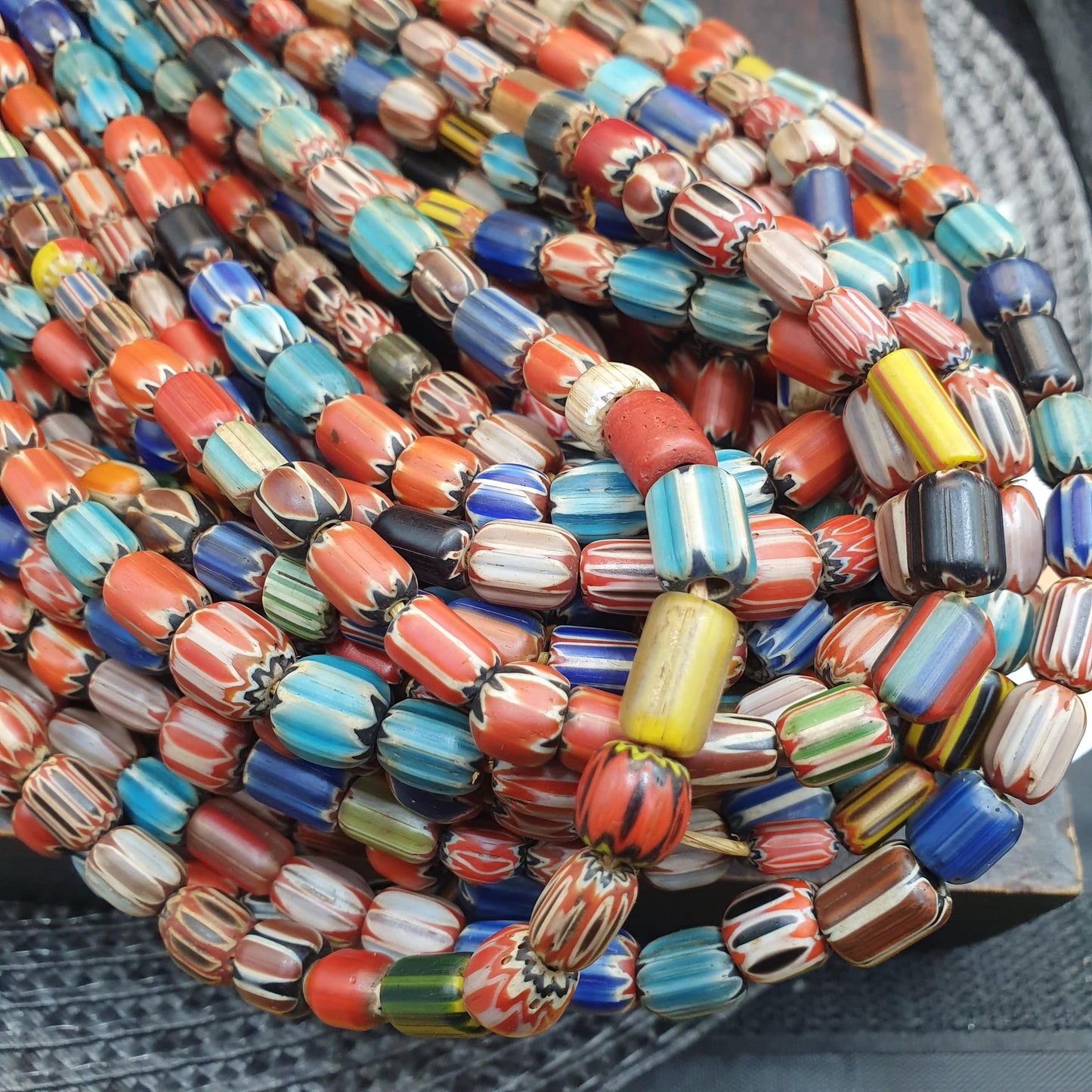 Vintage Chevron Trade Bead Necklace, 24 Inch African Glass Beads Strand