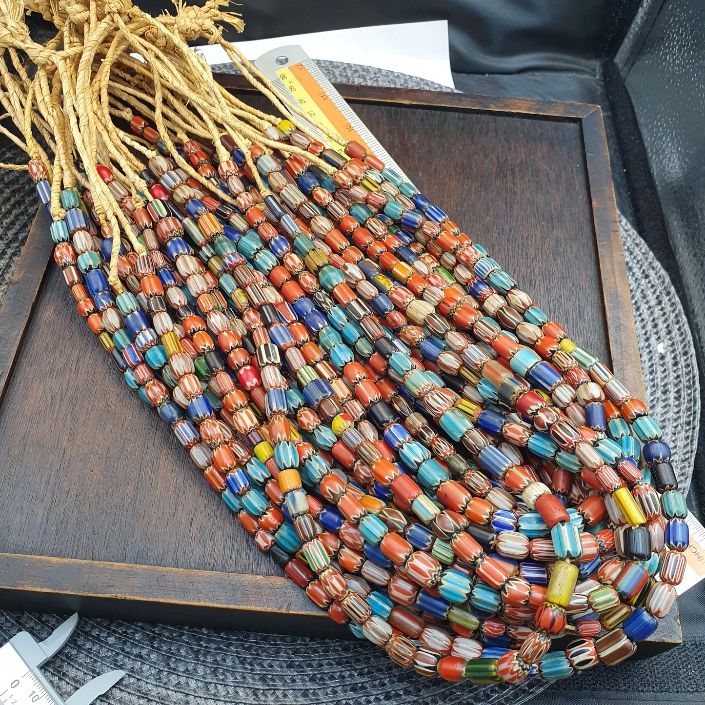 Vintage Chevron Trade Bead Necklace, 24 Inch African Glass Beads Strand
