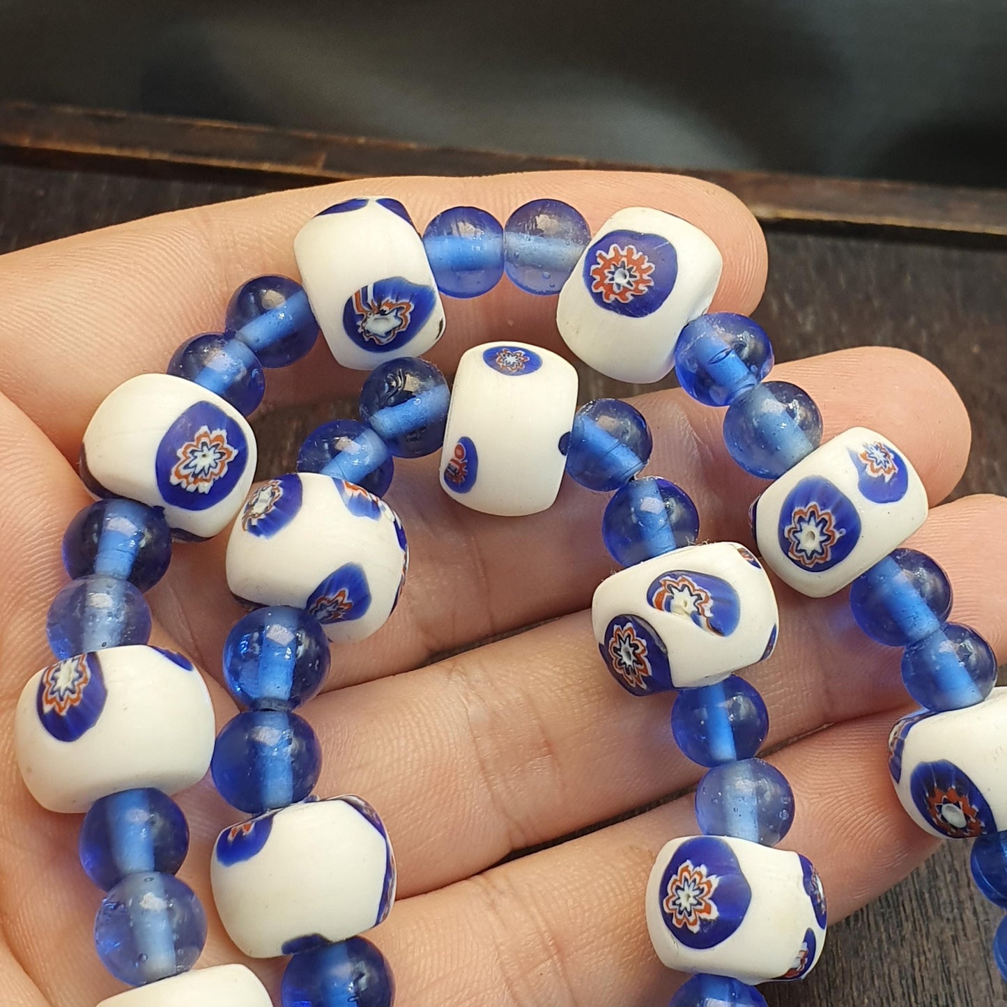 Vintage venetian style white and Blue Glass beads beaded necklace