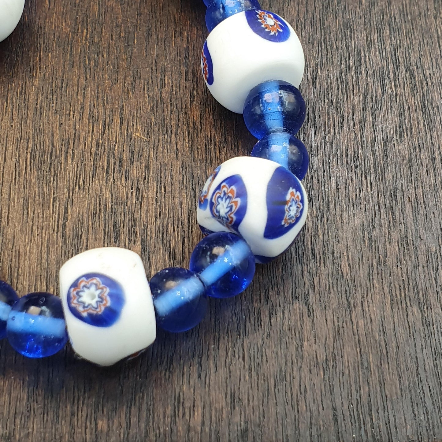 Vintage venetian style white and Blue Glass beads beaded necklace