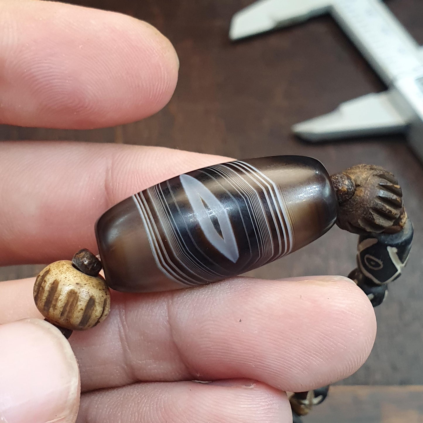 Old Himalayan Tibetan Banded Agate Bracelet Carved Bone Eye Beads Amulet