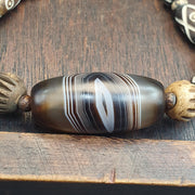 Old Himalayan Tibetan Banded Agate Bracelet Carved Bone Eye Beads Amulet