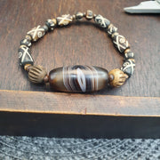 Old Himalayan Tibetan Banded Agate Bracelet Carved Bone Eye Beads Amulet