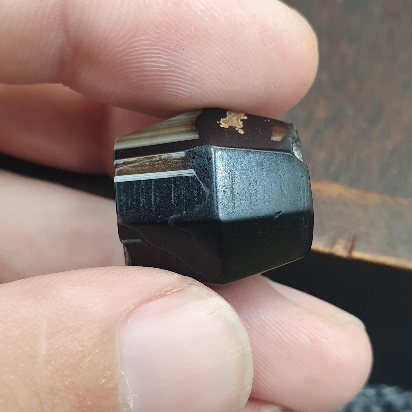 Antique Black & brown banded Agate Bead 20.2mm Yemeni Chung Agate Amulet