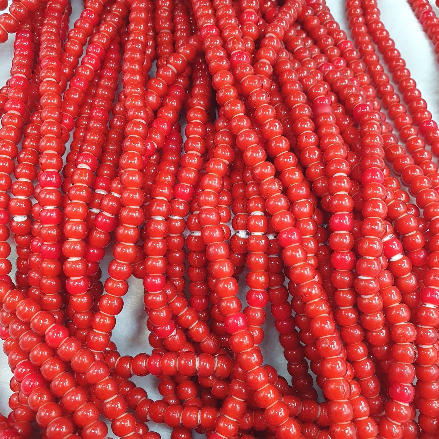 Vintage Venetian Red White Heart Trade Beads: 120 Bead Strand