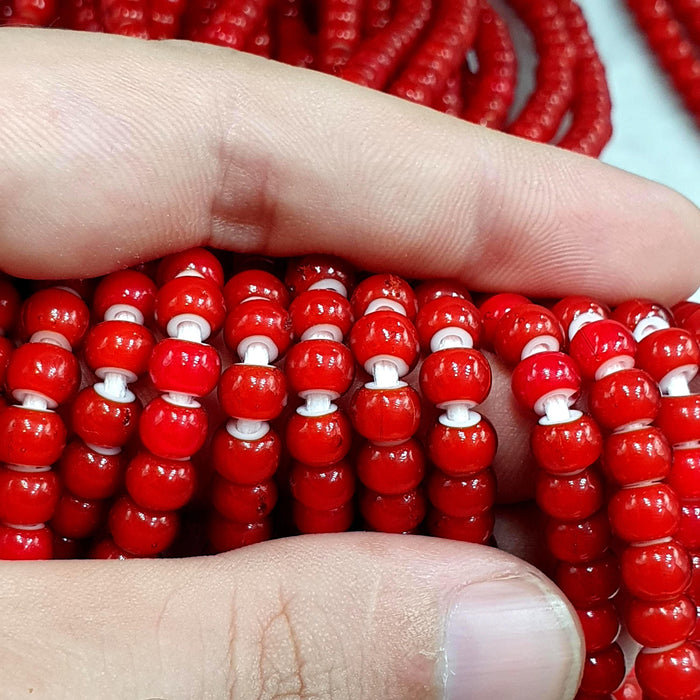 East Oasis Vintage Venetian Red White Heart Trade Beads, 120 Bead Strand Cornaline