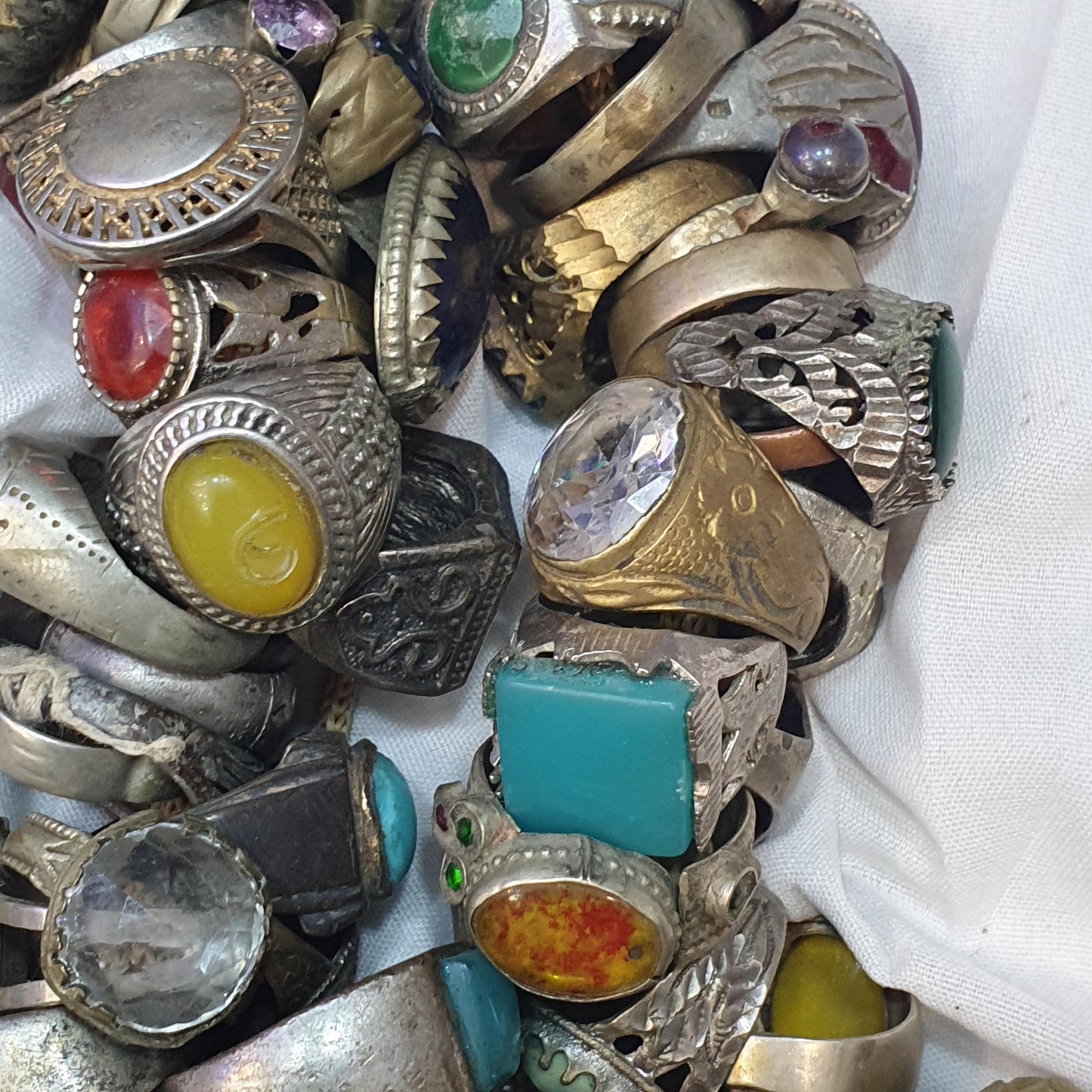 Lot Of 237 Vintage Brass Silver Mix Metals Rings Great Designs rings with agate, Glass and Resin center Stones