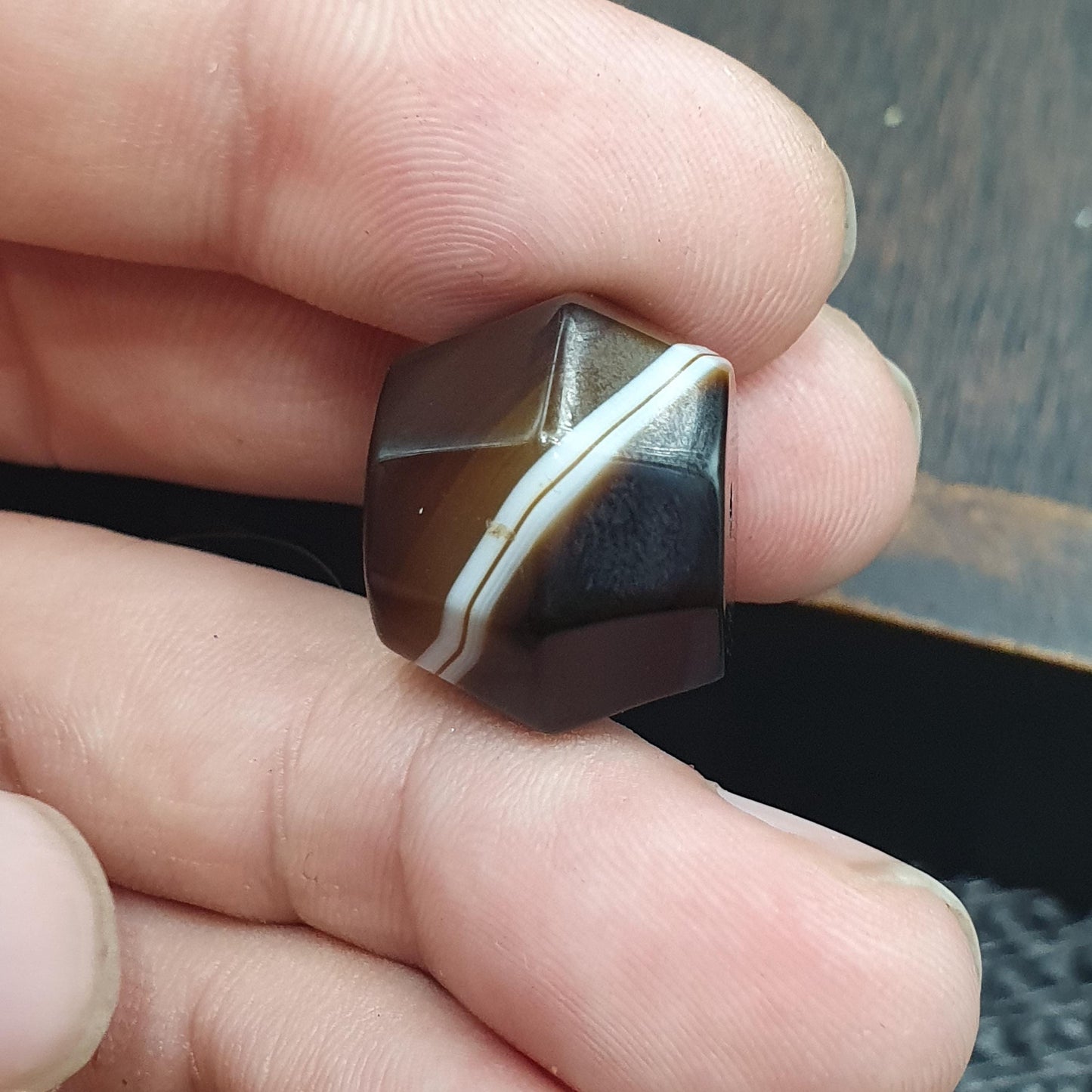 Antique banded Agate Bead 19mm Yemeni Suliemani Agate Brown Black with white stripes Amulet