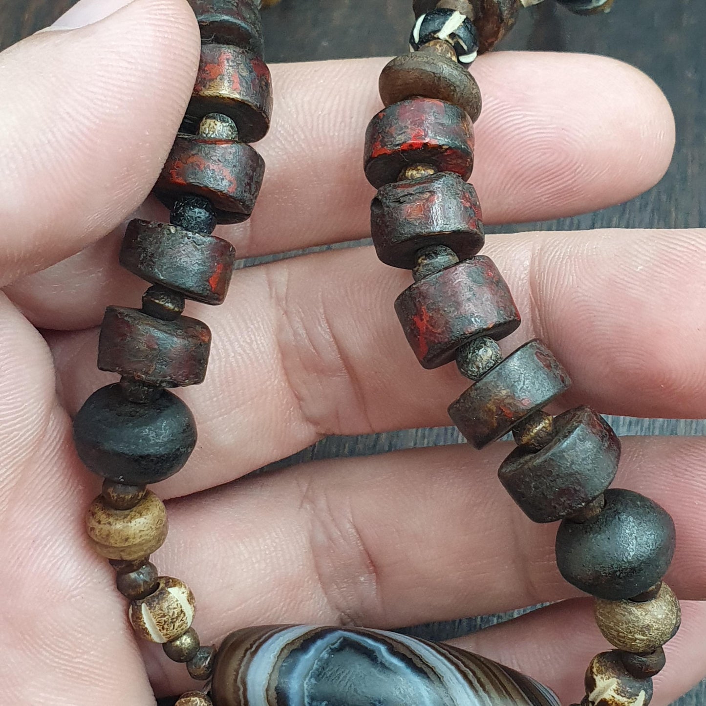 Old himalayan tibetan agate beads unique pattern Yak Bone beads necklace Antique Style