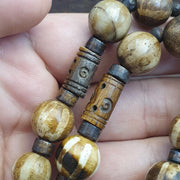 South Asian burmese old pumtek and Tibetan Yak Bone beads long necklace