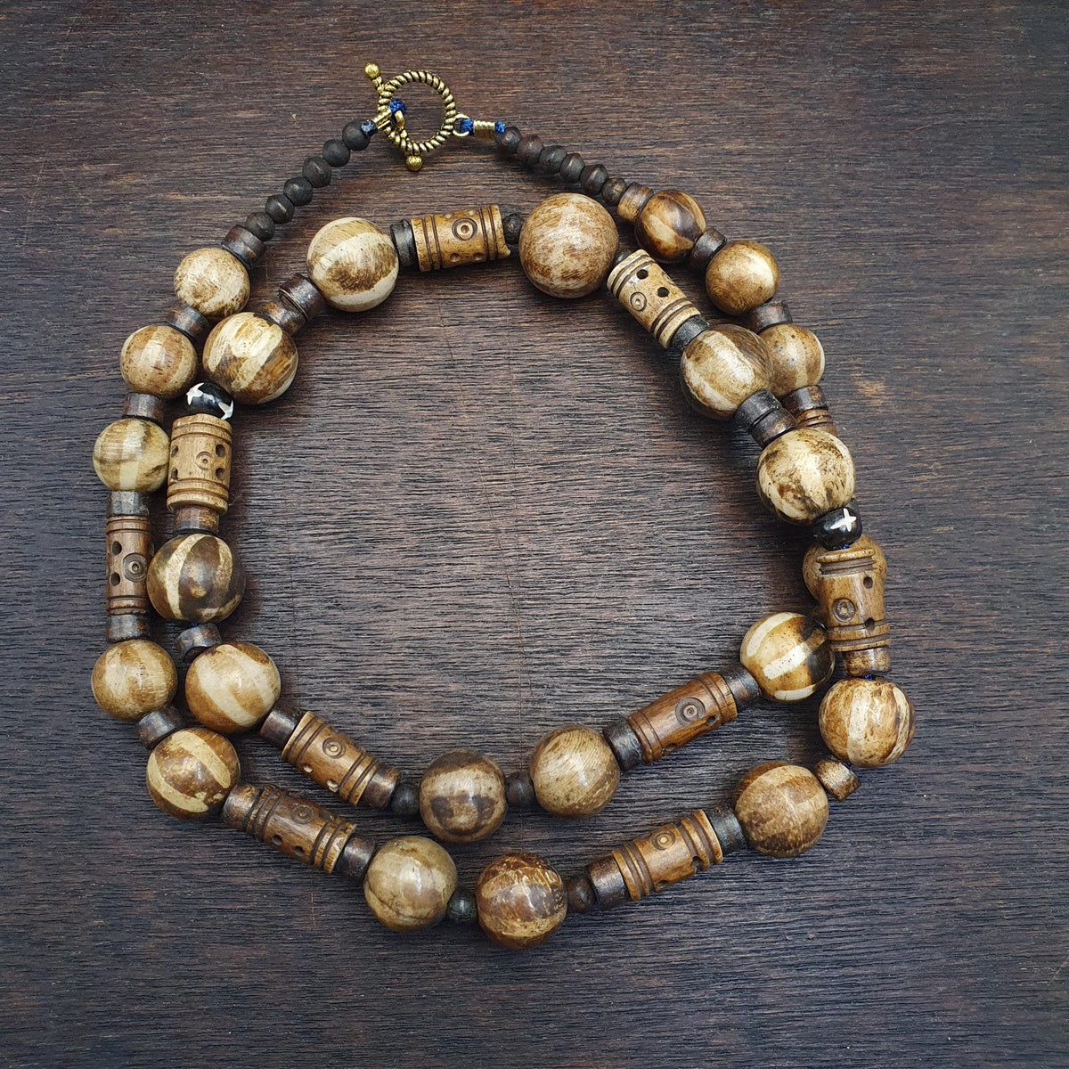 South Asian burmese old pumtek and Tibetan Yak Bone beads long necklace
