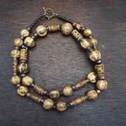 South Asian burmese old pumtek and Tibetan Yak Bone beads long necklace