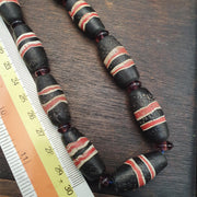 Striped Barrel Bead Necklace, Black Red White Tribal Trade Beads, Himalayan Naga Style Bead Strand, Ethnic Boho Statement Jewelry